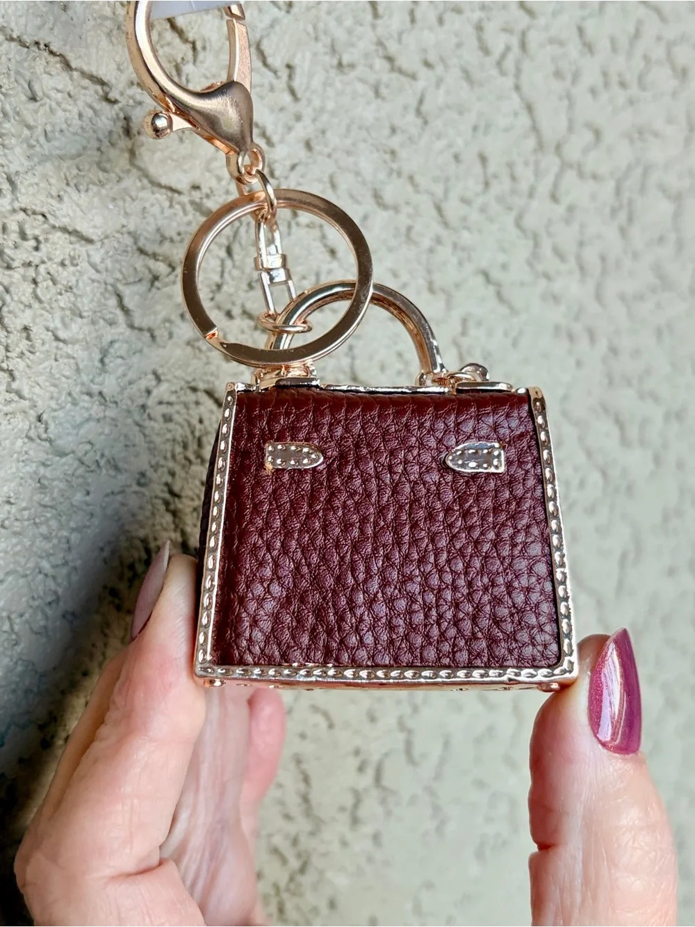 Mini Handbag Keychain Charm - Brown Faux Leather with Rhinestone Lock
